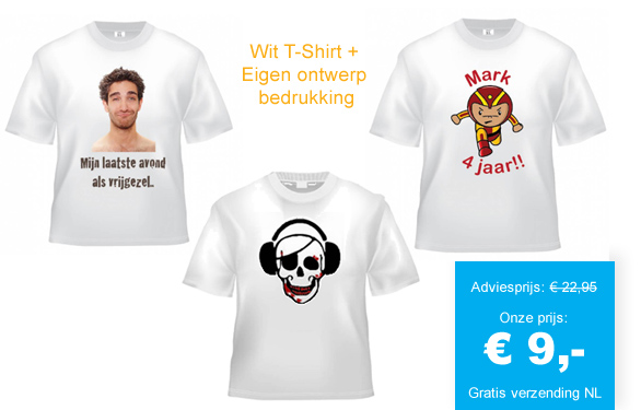 123 Dagaanbieding - Wit T-shirt + Eigen Ontwerp Bedrukking