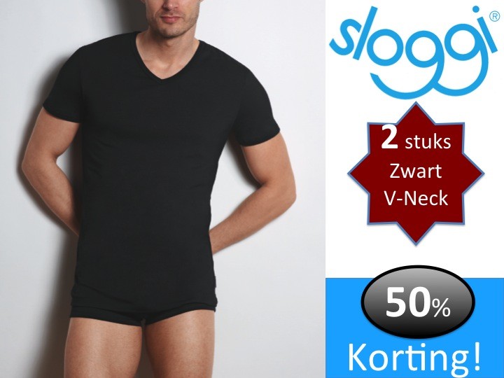 Een Dag Actie - 2X Sloggi Men Basic Shirt V-neck Zwart Een Dag Actie - 2X Sloggi Men Basic Shirt V-neck Zwart