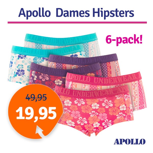 Een Dag Actie - Dagaanbieding Apollo Dames Hipsters Flower 6-Pack