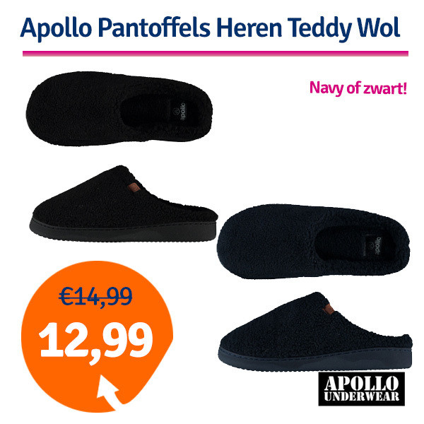 Een Dag Actie - Dagaanbieding Apollo Heren Pantoffels Teddy Wol (Zwart Of Navy)