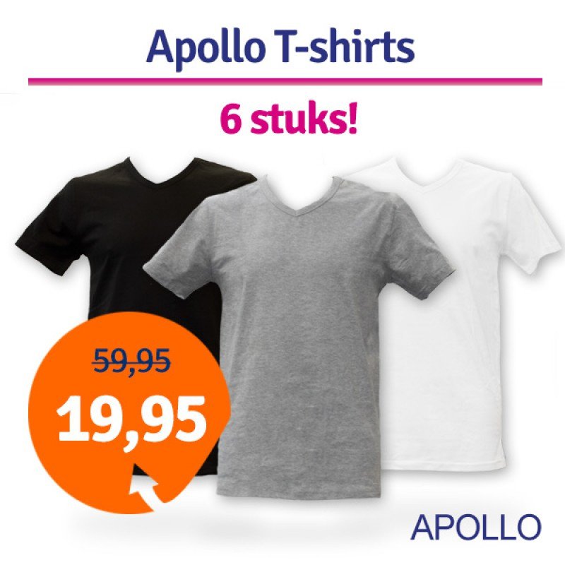 Een Dag Actie - Dagaanbieding Apollo Heren T-Shirts 6-Pack Een Dag Actie - Dagaanbieding Apollo Heren T-Shirts 6-Pack