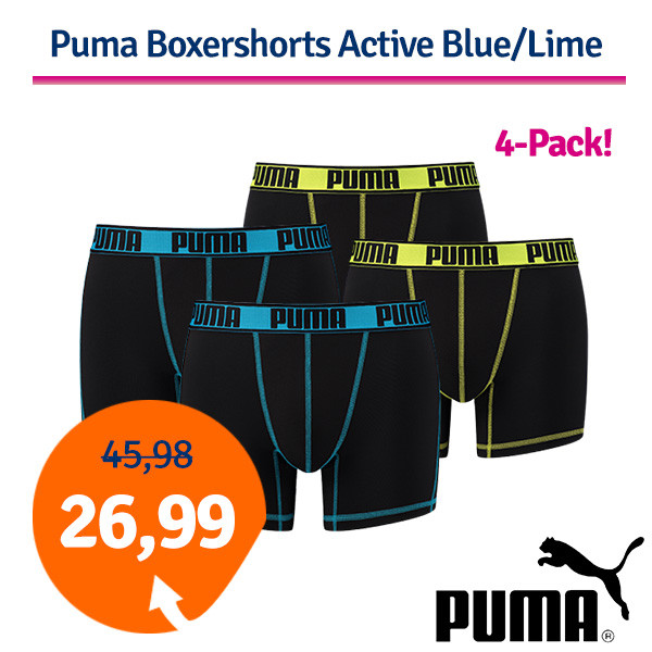 Een Dag Actie - Dagaanbieding Puma Boxershorts Active Blue/Lime 4-Pack