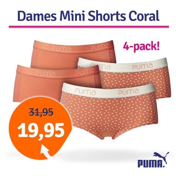 Een Dag Actie - Dagaanbieding Puma Dames Mini Shorts Coral 4-Pack Een Dag Actie - Dagaanbieding Puma Dames Mini Shorts Coral 4-Pack