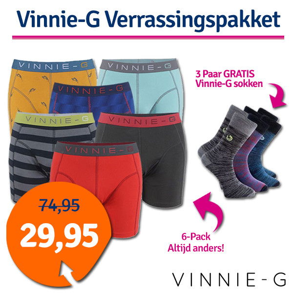 Een Dag Actie - Dagaanbieding Vinnie-G Boxershorts 6-Pack + Gratis Sokken Een Dag Actie - Dagaanbieding Vinnie-G Boxershorts 6-Pack + Gratis Sokken