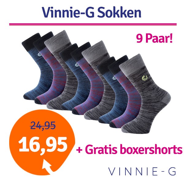 Een Dag Actie - Dagaanbieding Vinnie-G Sokken 9 Paar + Gratis Boxershorts Een Dag Actie - Dagaanbieding Vinnie-G Sokken 9 Paar + Gratis Boxershorts