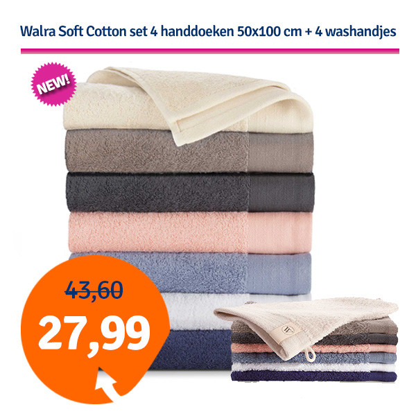 Een Dag Actie - Dagaanbieding Walra Soft Cotton Set - 4 Handdoeken 50X100 + 4 Washandjes Een Dag Actie - Dagaanbieding Walra Soft Cotton Set - 4 Handdoeken 50X100 + 4 Washandjes