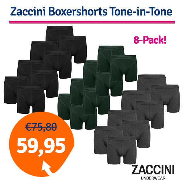 Een Dag Actie - Dagaanbieding Zaccini Boxershorts 8-Pack Tone-In-Tone