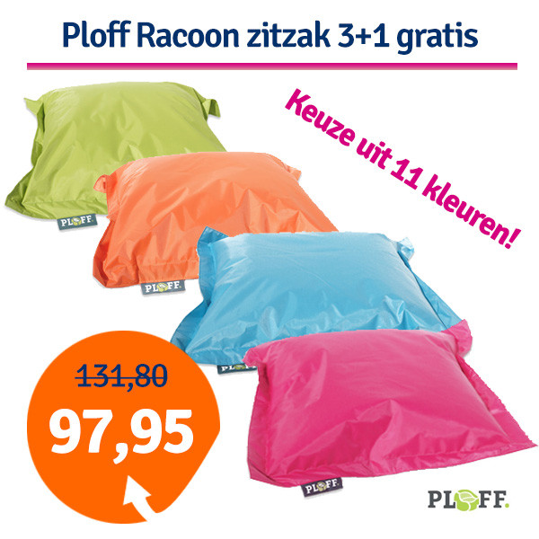 Een Dag Actie - Ploff Racoon Zitzak 3+1 Gratis Een Dag Actie - Ploff Racoon Zitzak 3+1 Gratis