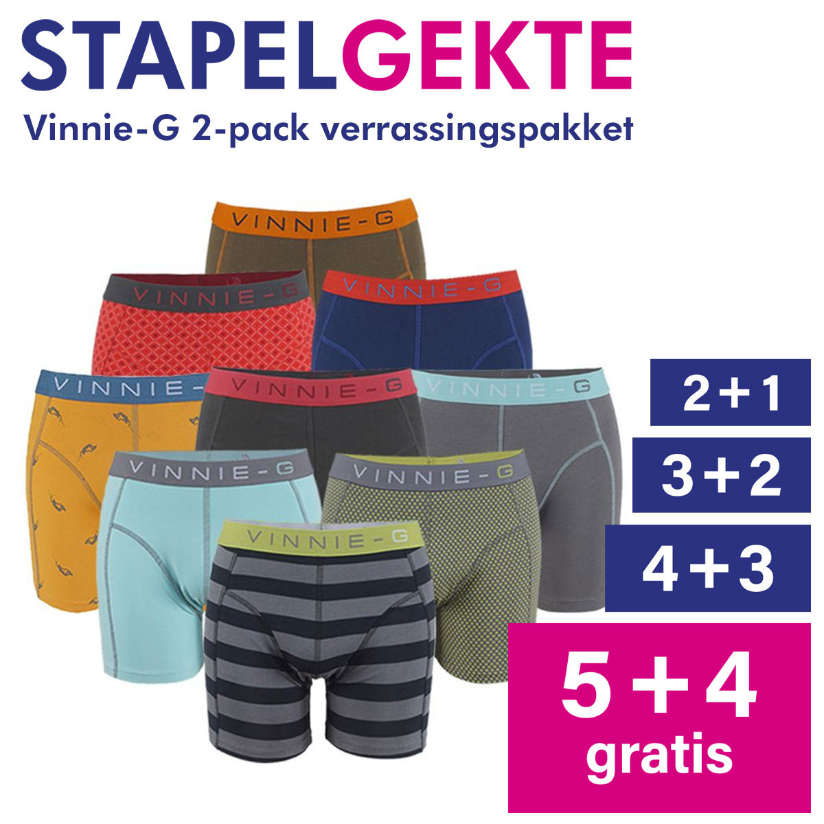 Een Dag Actie - Stapelkorting: Vinnie-G Boxershorts Verrassingspakket 2-Pack Een Dag Actie - Stapelkorting: Vinnie-G Boxershorts Verrassingspakket 2-Pack