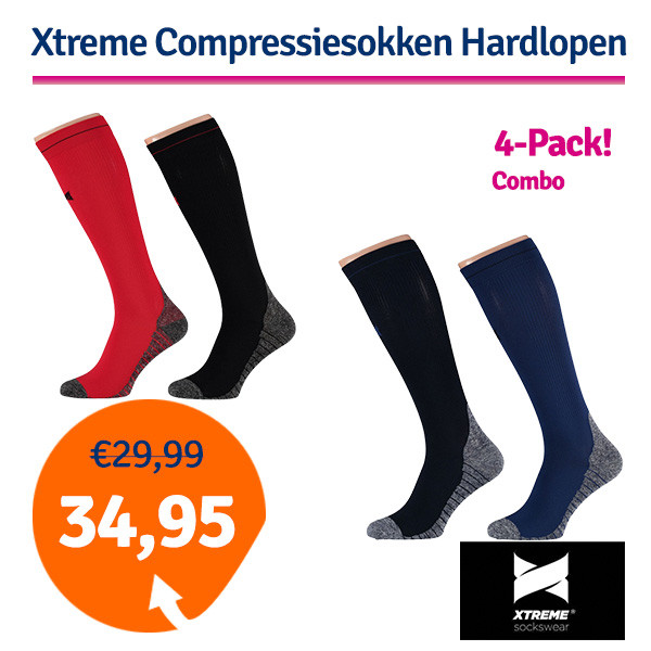 Een Dag Actie - Xtreme Sockswear Hardloop Compressiesokken 4-Pack Blue/Red