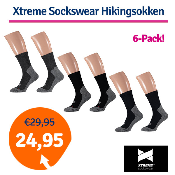 Een Dag Actie - Xtreme Sockswear Hiking Sokken 6-Pack Black/Antraciet/Marine Een Dag Actie - Xtreme Sockswear Hiking Sokken 6-Pack Black/Antraciet/Marine
