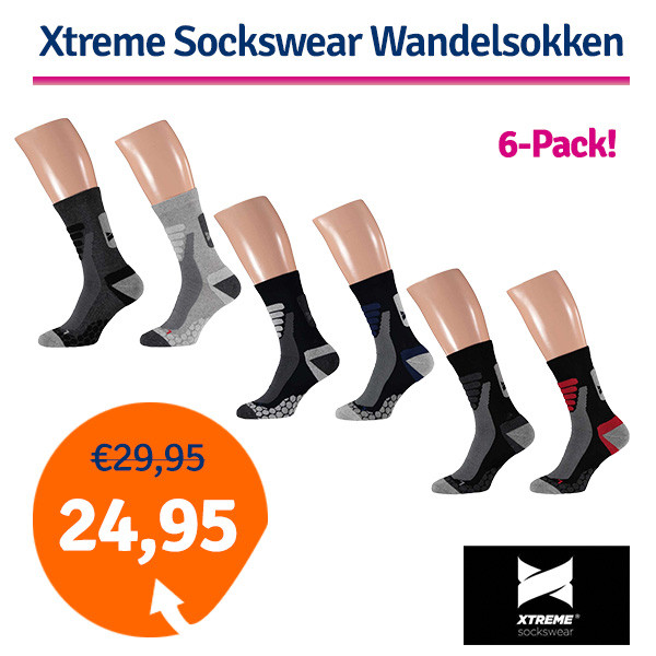 Een Dag Actie - Xtreme Sockswear Wandelsokken 6-Pack Black/Grey/Blue