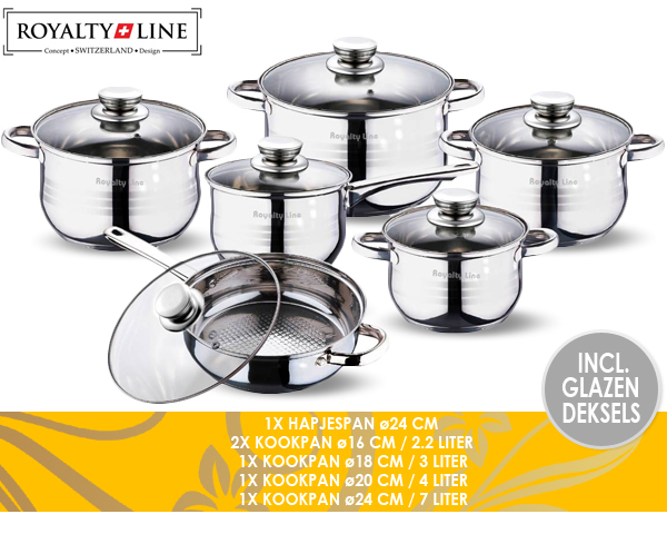 1 Day Fly - 6-Delige Royalty Line Pannenset Met Glazen Deksels 1 Day Fly - 6-Delige Royalty Line Pannenset Met Glazen Deksels