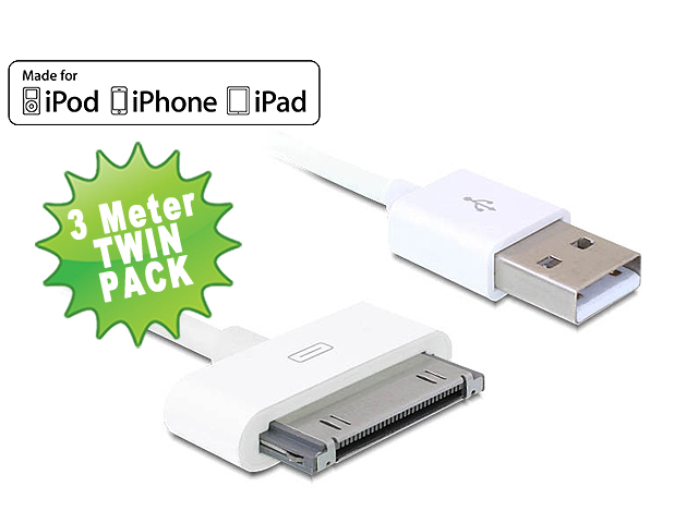 1 Day Fly - Twinpack - 3 Meter Kabel Voor Ipad Iphone En Ipod