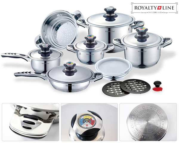 1 Day Fly Lady - 16-Delige Royalty Line Pannenset Met Temperatuur Indicator 1 Day Fly Lady - 16-Delige Royalty Line Pannenset Met Temperatuur Indicator