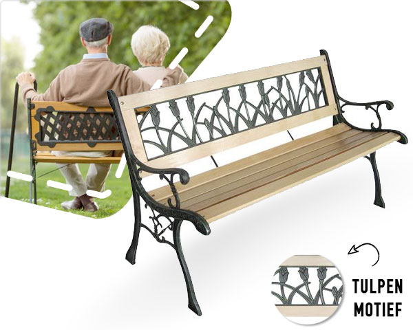 1 Day Fly Lady - Houten Tuinbank Met Tulpen 1 Day Fly Lady - Houten Tuinbank Met Tulpen