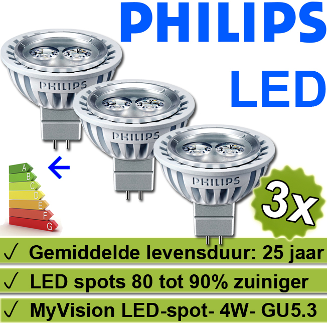 1masterdeal - 3X Philips Myvision Led-spot 4W (20W) Gu5.3