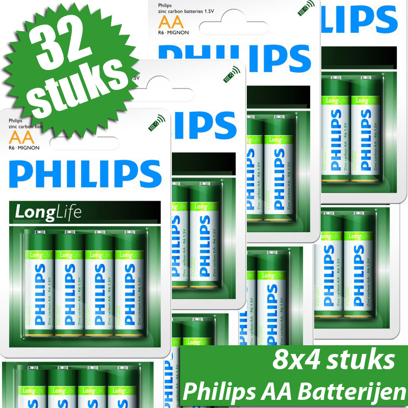 24 Deluxe - 32 Stuks Philips Longlife Batterijen (8X4-Pack) 24 Deluxe - 32 Stuks Philips Longlife Batterijen (8X4-Pack)