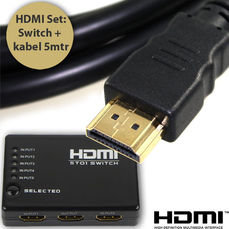 24 Deluxe - Hdmi Set: 5 Mtr Kabel + 5-Poorts Switch 24 Deluxe - Hdmi Set: 5 Mtr Kabel + 5-Poorts Switch