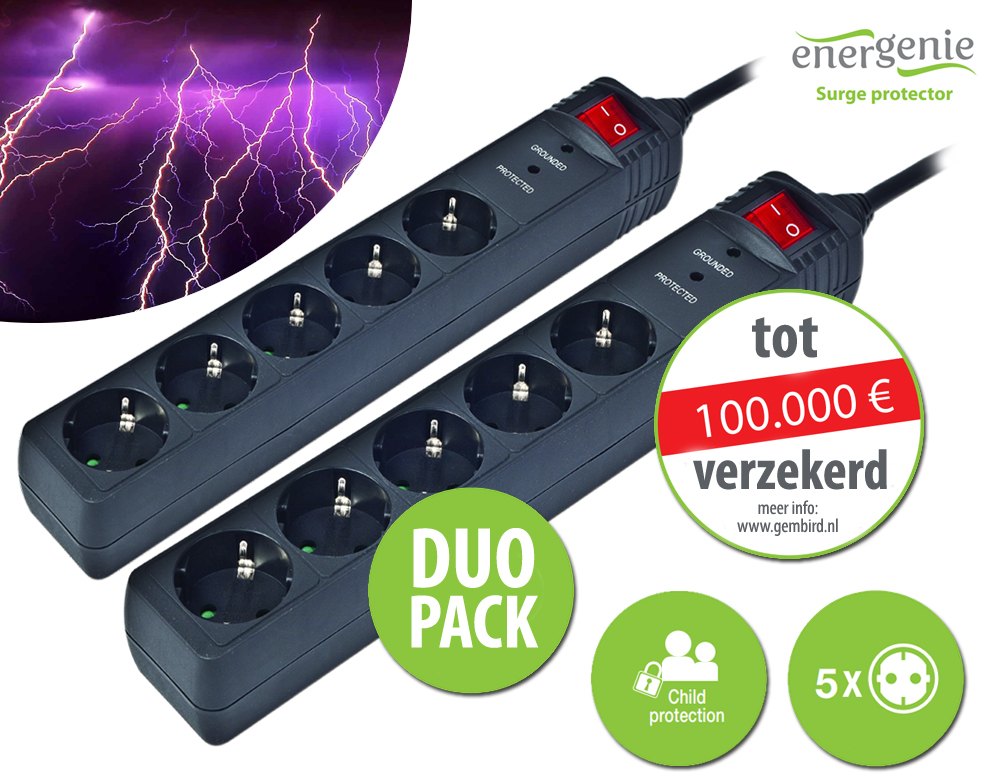 Click to Buy - 2-pack Stekkerdoos met bliksembeveiliging Click to Buy - 2-pack Stekkerdoos met bliksembeveiliging