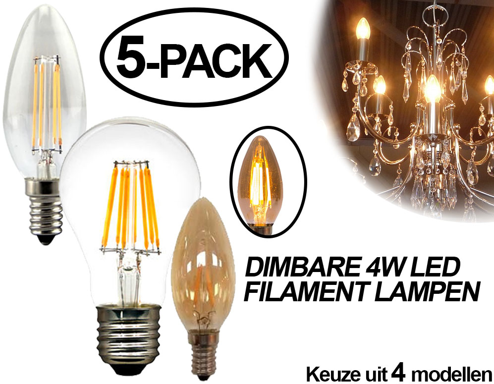 Click to Buy - 5-pack Dimbare Filament LED Lampen - 4 modellen Click to Buy - 5-pack Dimbare Filament LED Lampen - 4 modellen