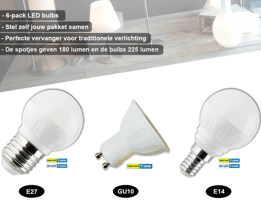 Click to Buy - 6-pack Aigostar LED lampen (E14, E27, GU10) - Stel jouw eigen LED pakket samen! Click to Buy - 6-pack Aigostar LED lampen (E14, E27, GU10) - Stel jouw eigen LED pakket samen!