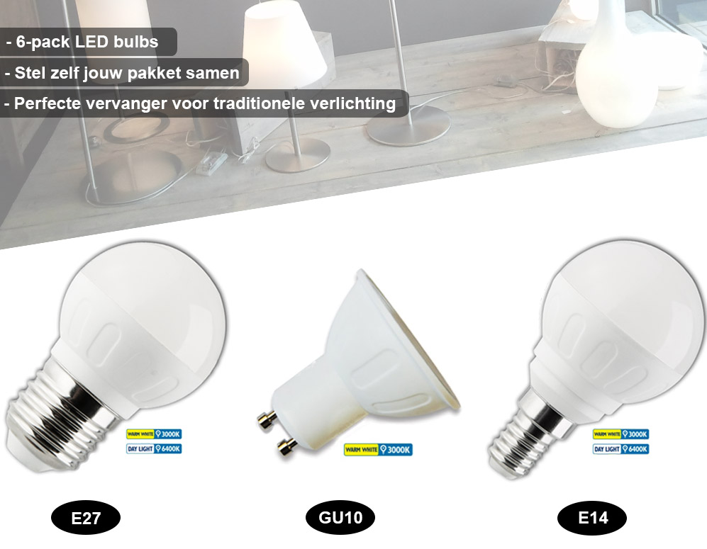 Click to Buy - 6-pack Aigostar LED lampen (E14, E27, GU10) - Stel zelf jouw LED pakket samen! Click to Buy - 6-pack Aigostar LED lampen (E14, E27, GU10) - Stel zelf jouw LED pakket samen!