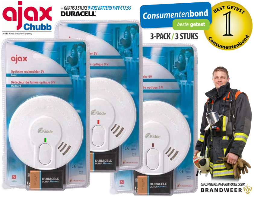 Click to Buy - Ajax Pakket van 3 Rookmelders + 3x Duracell Click to Buy - Ajax Pakket van 3 Rookmelders + 3x Duracell