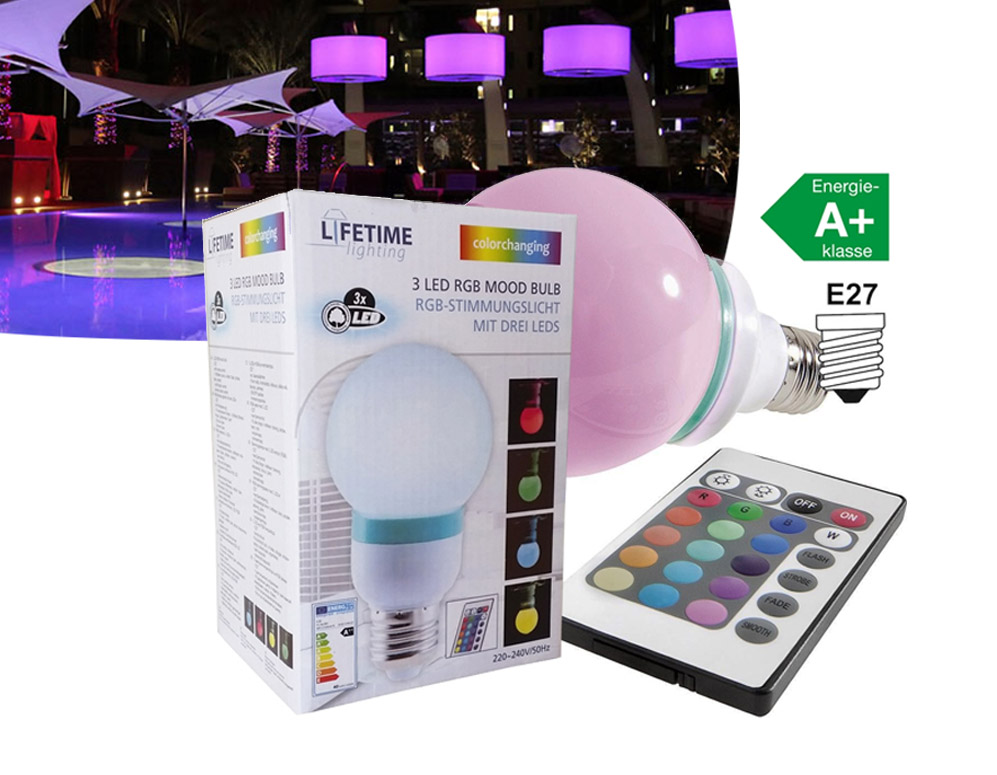 Click to Buy - RGB Sfeerlamp 3 Led's 16 Kleuren + Afstandsbediening