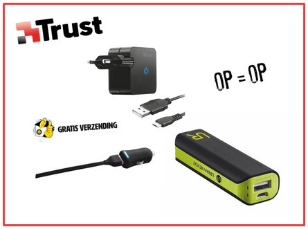 Dagknaller - Trust Oplaadpakket! Auto Oplader, Powerbank En Wandoplader Met Micro Usb-Kabel