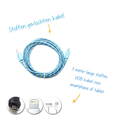 Day Dealers - 3 meter lange stoffen USB kabel voor smartphone of tablet Day Dealers - 3 meter lange stoffen USB kabel voor smartphone of tablet