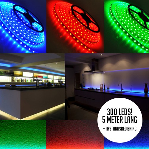 Day Dealers - 5 meter LED strip: RGB of Warm White, complete set met afstandsbediening, waterdicht, 300 LED s!