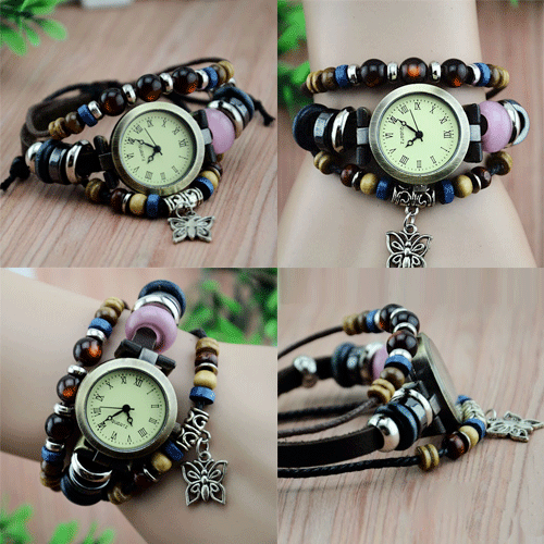 Day Dealers - Stijlvol leren armbandhorloge met vlinderbedel Day Dealers - Stijlvol leren armbandhorloge met vlinderbedel