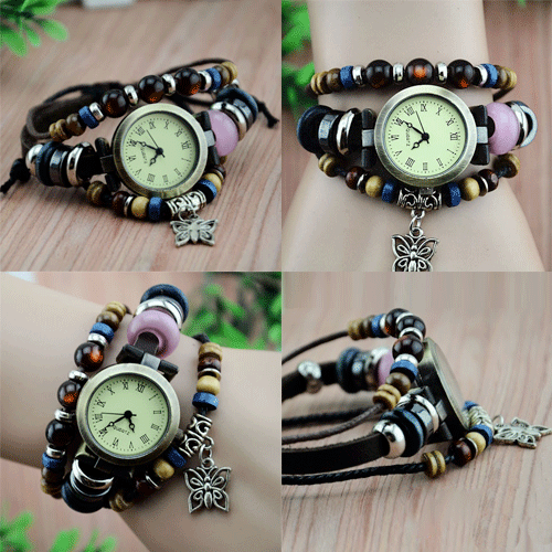 Day Dealers - Stijlvol leren armbandhorloge met vlinderbedel