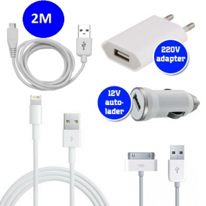 Deal Donkey - 2 Meter Oplaadkabel Voor Micro Usb, 30- Of 8-Pins Aansluiting (Ook Mogelijk Met 220V Adapter Of 12V Autolader)