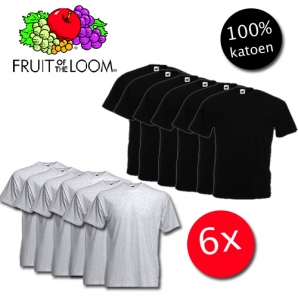 Deal Donkey - 6 Zwarte Of 6 Grijze T-shirts Van Fruit Of The Loom Ronde Of V-hals Deal Donkey - 6 Zwarte Of 6 Grijze T-shirts Van Fruit Of The Loom Ronde Of V-hals