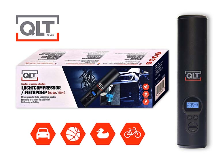 Deal Donkey - Qlt Draagbare Luchtcompressor - Elektrische Pomp - Oplaadbaar - 10,3 Bar Inclusief Opzetstukken Deal Donkey - Qlt Draagbare Luchtcompressor - Elektrische Pomp - Oplaadbaar - 10,3 Bar Inclusief Opzetstukken