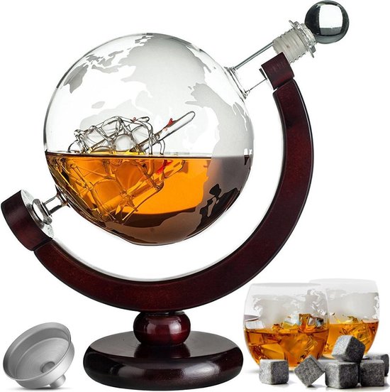 Deal Donkey - Whiskey Decanteerkaraf - Wereldbol - Luxe Whiskey Karaf Set - 0,8 L - Incl. 8 Whisky Stones & Schenktuit