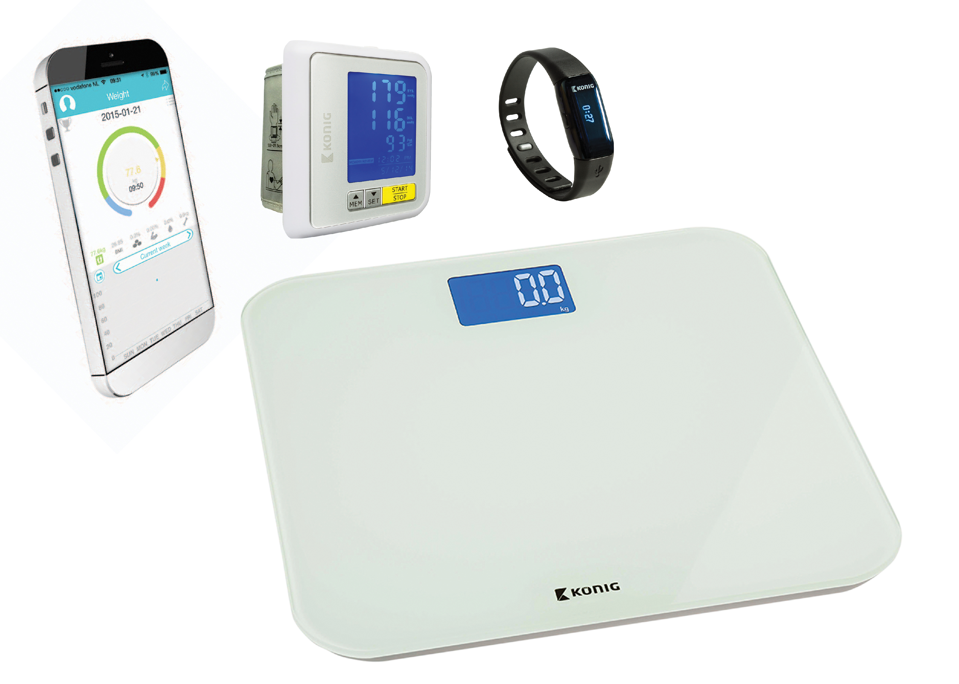 Doebie - Sportset totaaloplossing: weegschaal, bluetooth sportarmband en bloeddrukmeter Doebie - Sportset totaaloplossing: weegschaal, bluetooth sportarmband en bloeddrukmeter