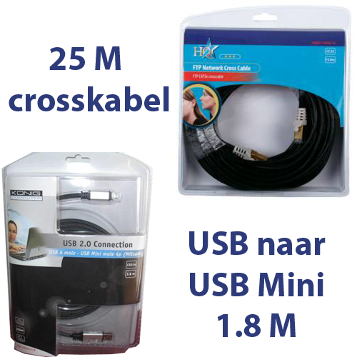 Gave Aktie - 25 Meter Cat 5E Cross Kabel + Usb Naar Usb Mini 1.8 Meter Gave Aktie - 25 Meter Cat 5E Cross Kabel + Usb Naar Usb Mini 1.8 Meter
