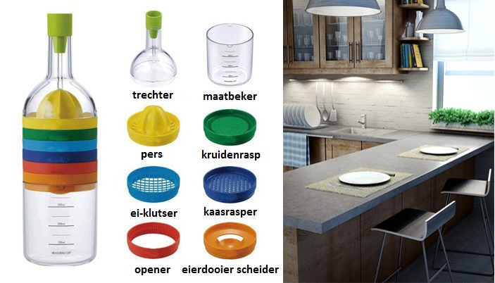 Group Actie - € 9,95 - Bespaar Ruimte Met De 8 In 1 Cook Bottle: Van Citruspers En Kruidenrasp Tot Maatbeker En Trechter! (Waarde € 29,95)