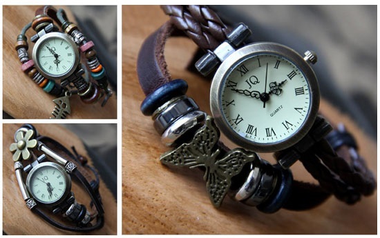 Group Actie - € 9,95 - Trendy Horloge. Vintage Klokje Met Leren Armband Voorzien Van Hippe Kralen En Keuze Uit Drie Symbolen. (Waarde € 29,95)