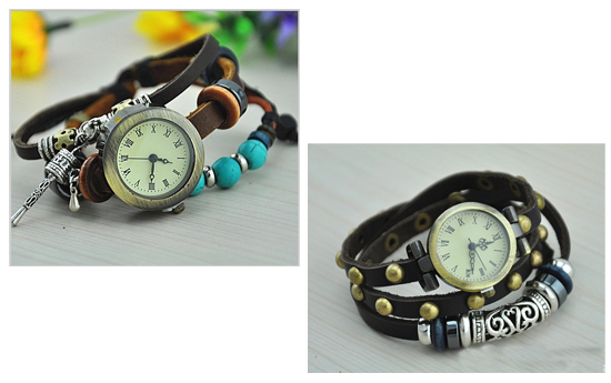 Group Actie - € 9,95 - Trendy Horloge. Vintage Klokje Met Leren Armband Voorzien Van Hippe Kralen. (Waarde € 29,95)