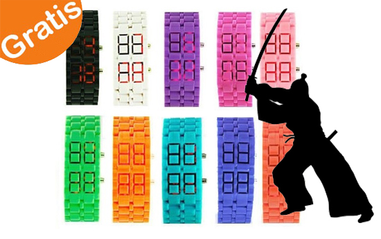 Group Actie - Gratis - Digitaal Kunststof Samurai Horloge Met Led Verlichting; Bijzonder En Functioneel. Kies Uit 10 Modekleuren! (Waarde € 24,95)