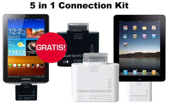 Group Actie - Gratis - Plug & Play 5 In 1 Connection Kit. Supersnel Foto´s Overzetten Naar Je Ipad, Galaxy Tab Of Galaxy Note. (Waarde €39,95)