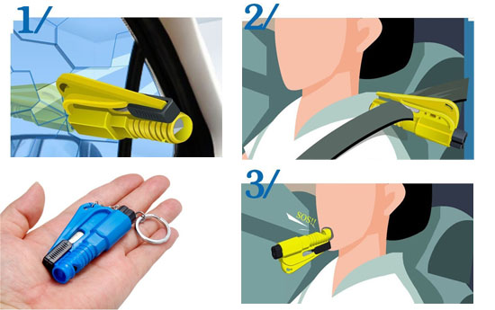 Group Actie - Mini Rescue Kit Voor De Auto Met Veiligheidshamer, Reddingsfluit En Autogordelmes.