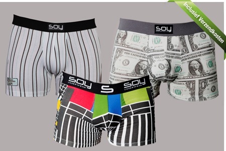 Groupon - € 24,95 Voor Een Pakket Van 3 Boxershorts Van Soy In Diverse Maten En 6 Verschillende Designs, Incl. Verzendkosten (Waarde € 74,85) Groupon - € 24,95 Voor Een Pakket Van 3 Boxershorts Van Soy In Diverse Maten En 6 Verschillende Designs, Incl. Verzendkosten (Waarde € 74,85)