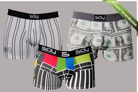 Groupon - € 24,95 Voor Een Pakket Van 3 Boxershorts Van Soy In Diverse Maten En 6 Verschillende Designs, Incl. Verzendkosten (Waarde € 74,85)