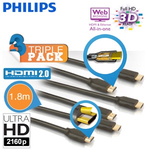 iBood - 3pack Philips High Speed HDMI 2.0 3D UltraHD kabels van 1.8m iBood - 3pack Philips High Speed HDMI 2.0 3D UltraHD kabels van 1.8m