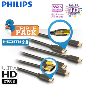 iBood - 3pack Philips High Speed HDMI 2.0 3D UltraHD kabels van 2 meter iBood - 3pack Philips High Speed HDMI 2.0 3D UltraHD kabels van 2 meter